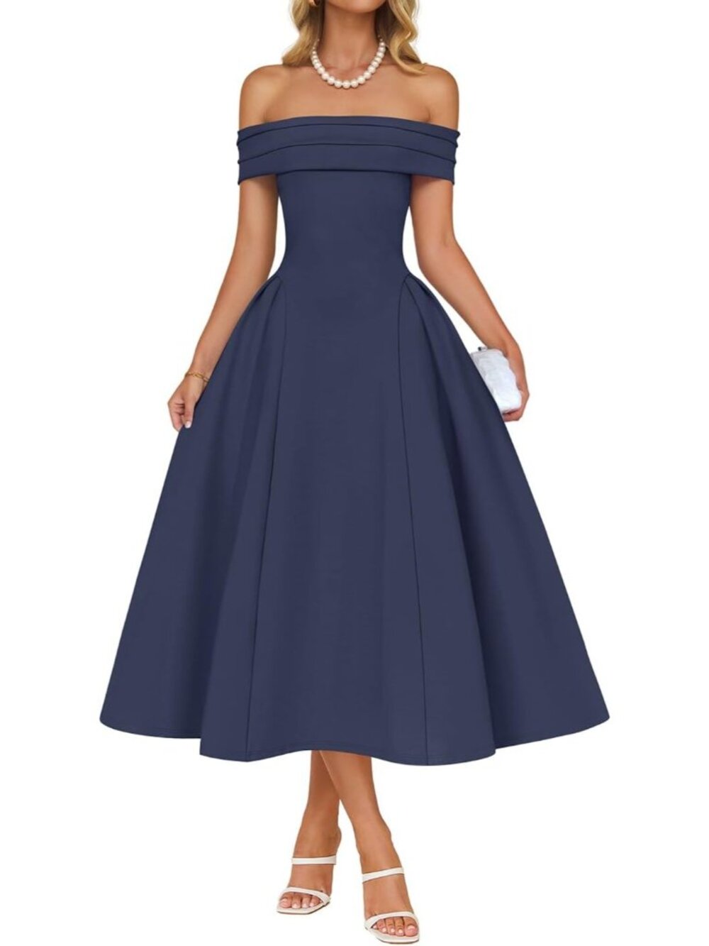 Women's Navy Summer 2026 Flowy A Line Semi Formal Off Shoulder Cocktail Dresses